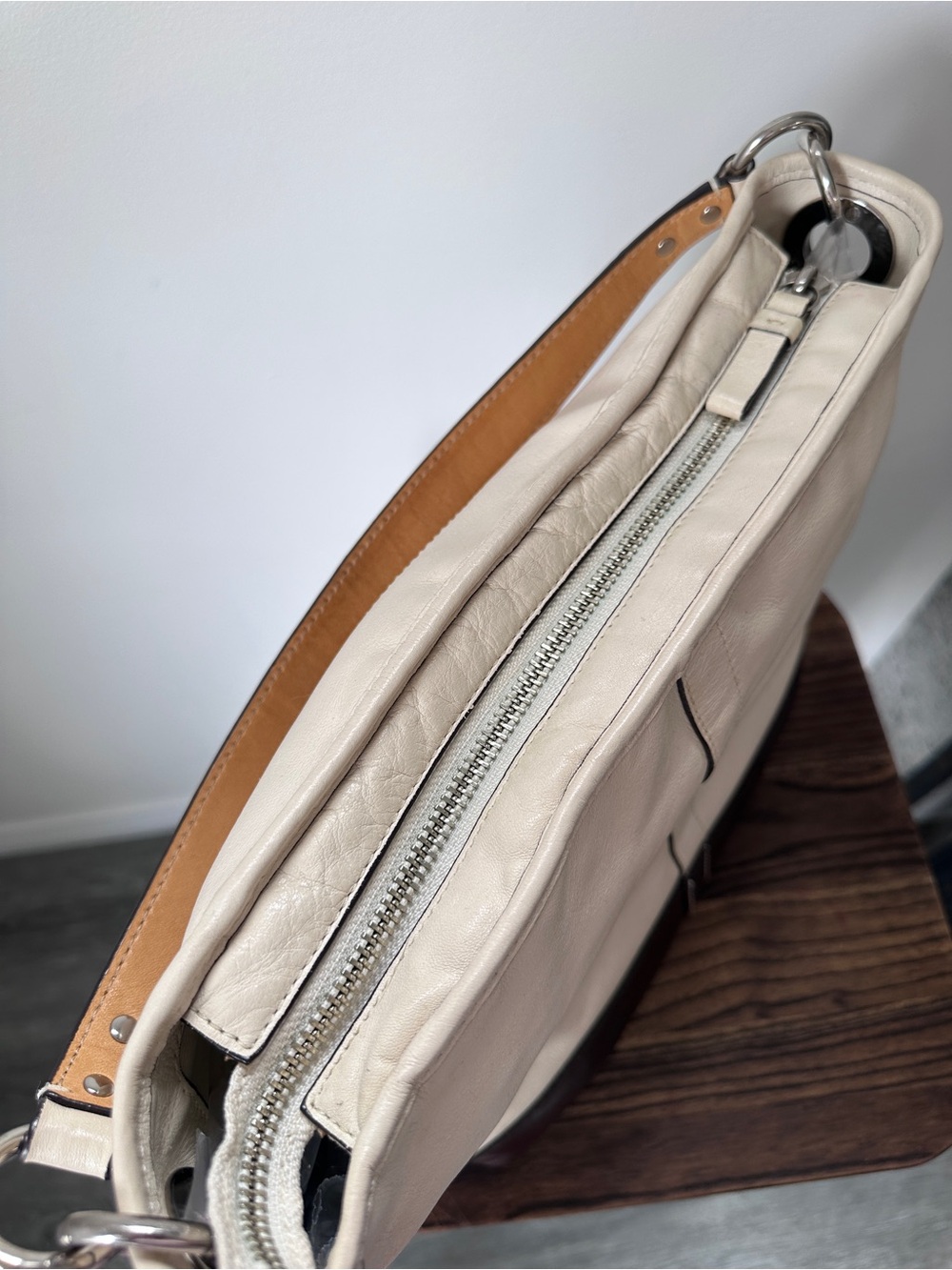 Coach Two-Tone Cream and Dark Brown Leather Shoulder Bag with Tan Strap - Picture 14 of 16